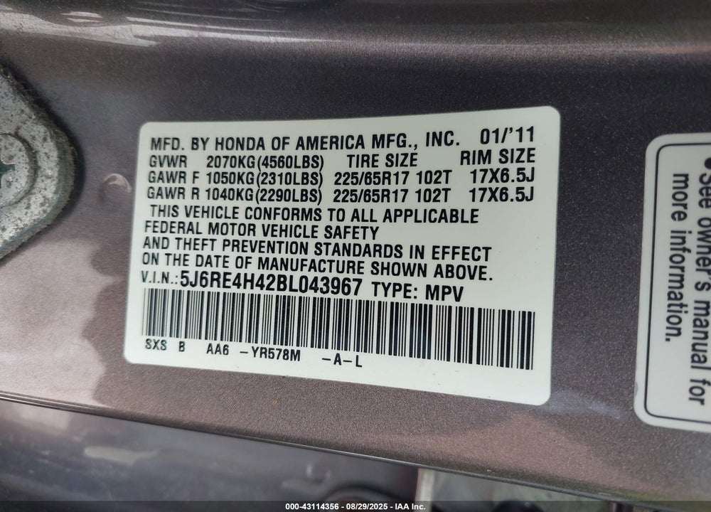 2011 HONDA CR-V VIN: 5J6RE4H42BL043967