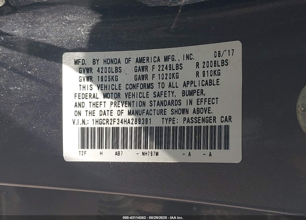 2017 HONDA ACCORD VIN: 1HGCR2F34HA289391