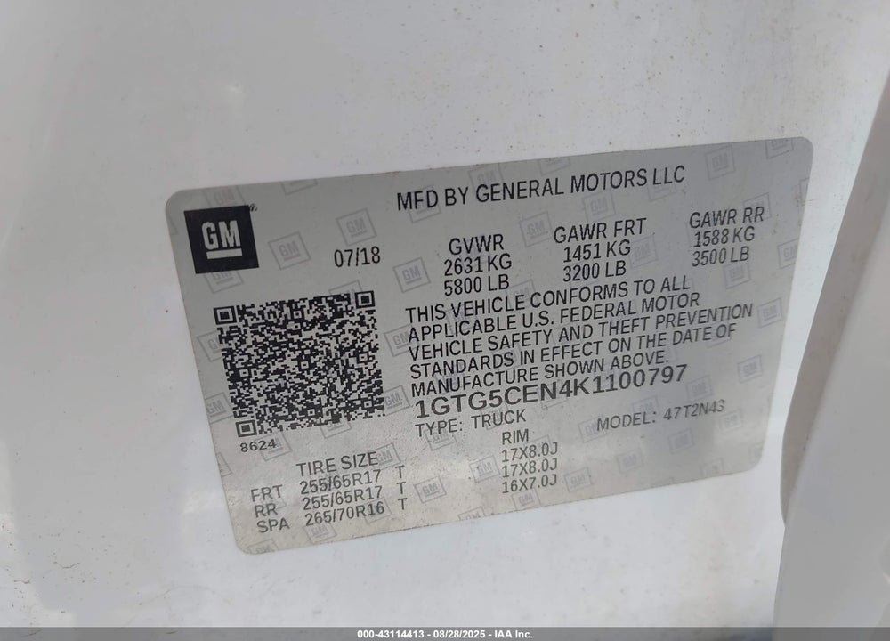 2019 GMC CANYON VIN: 1GTG5CEN4K1100797