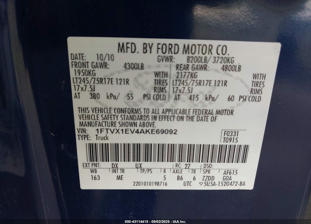 2010 FORD F-150 VIN: 1FTVX1EV4AKE69092