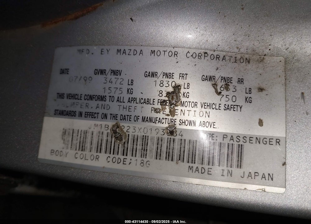 1999 MAZDA PROTEGE DX/LX VIN: JM1BJ2223X0193884