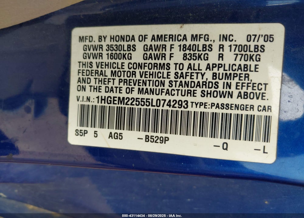 2005 HONDA CIVIC LX VIN: 1HGEM22555L074293