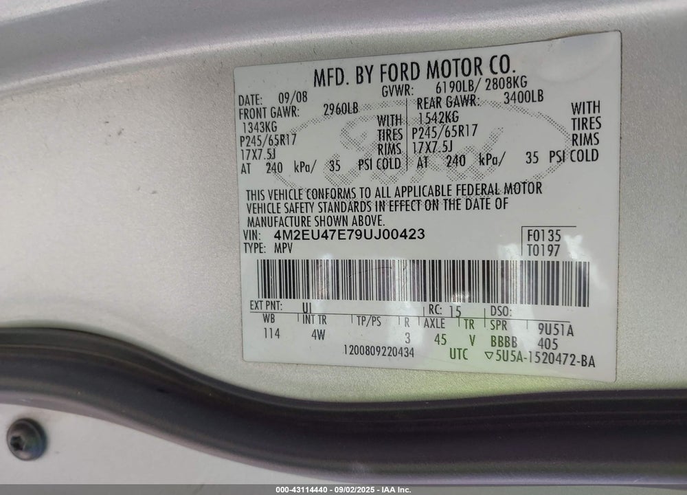 2009 MERCURY MOUNTAINEER VIN: 4M2EU47E79UJ00423