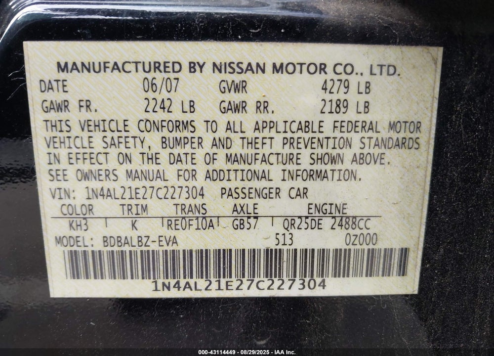 2007 NISSAN ALTIMA 2.5 S VIN: 1N4AL21E27C227304