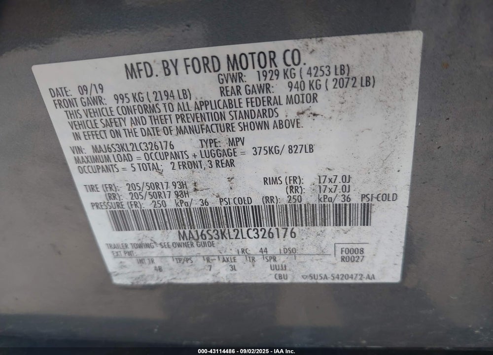 2020 FORD ECOSPORT VIN: MAJ6S3KL2LC326176