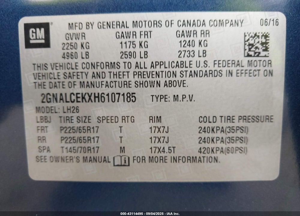 2017 CHEVROLET EQUINOX VIN: 2GNALCEKXH6107185