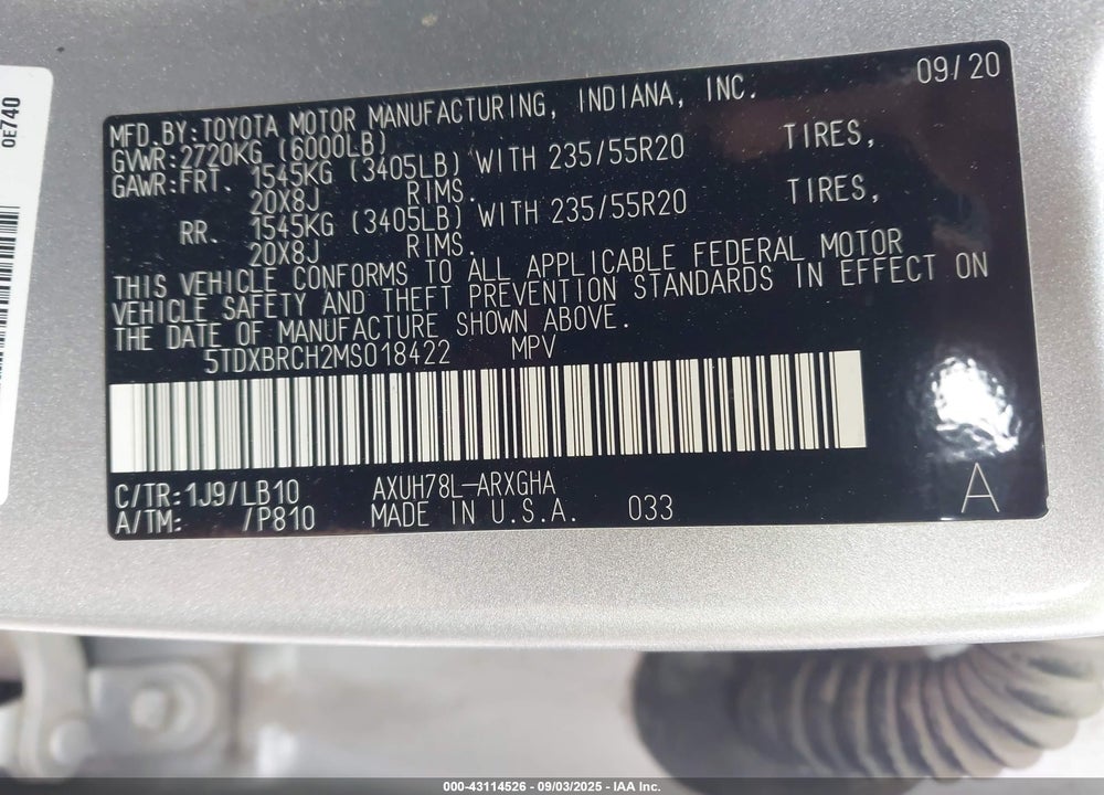 2021 TOYOTA HIGHLANDER HYBRID LIMITED VIN: 5TDXBRCH2MS018422