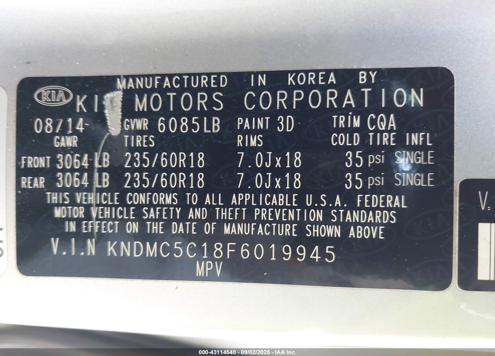 2015 KIA SEDONA VIN: KNDMC5C18F6019945