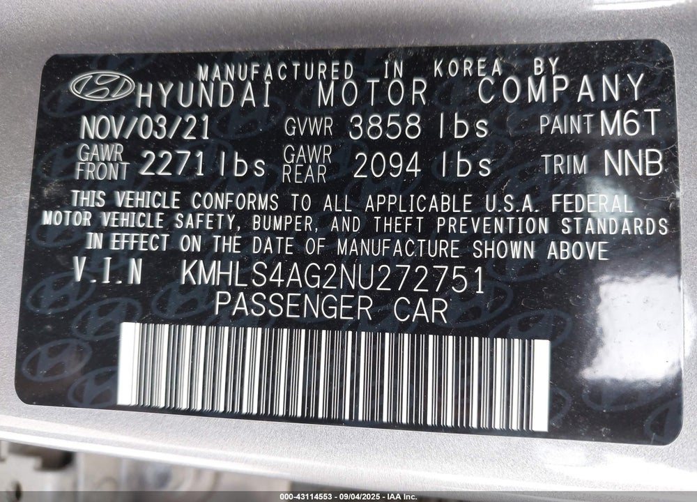 2022 HYUNDAI ELANTRA VIN: KMHLS4AG2NU272751