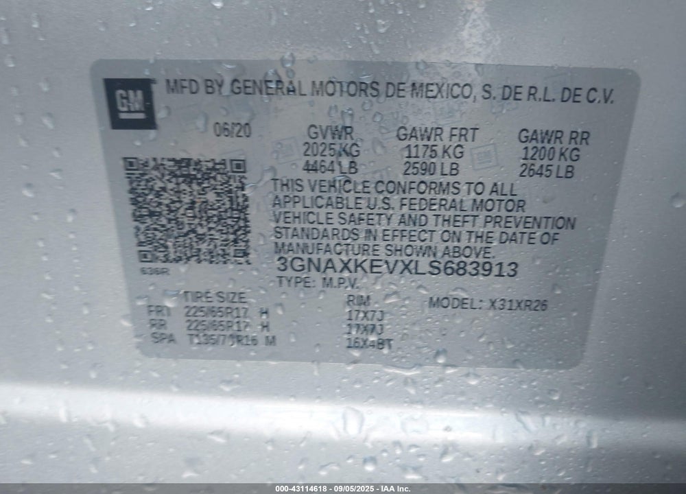 2020 CHEVROLET EQUINOX VIN: 3GNAXKEVXLS683913
