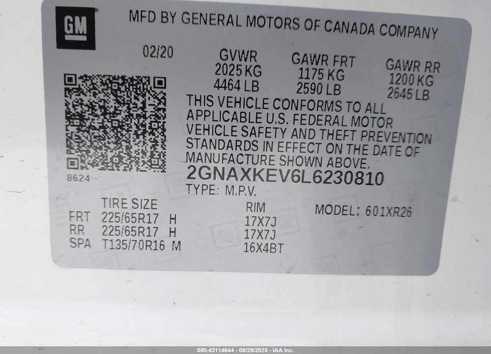 2020 CHEVROLET EQUINOX VIN: 2GNAXKEV6L6230810