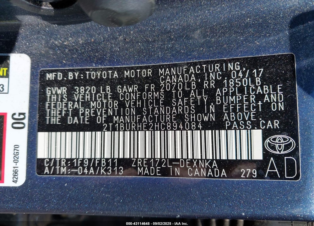 2017 TOYOTA COROLLA VIN: 2T1BURHE2HC894084
