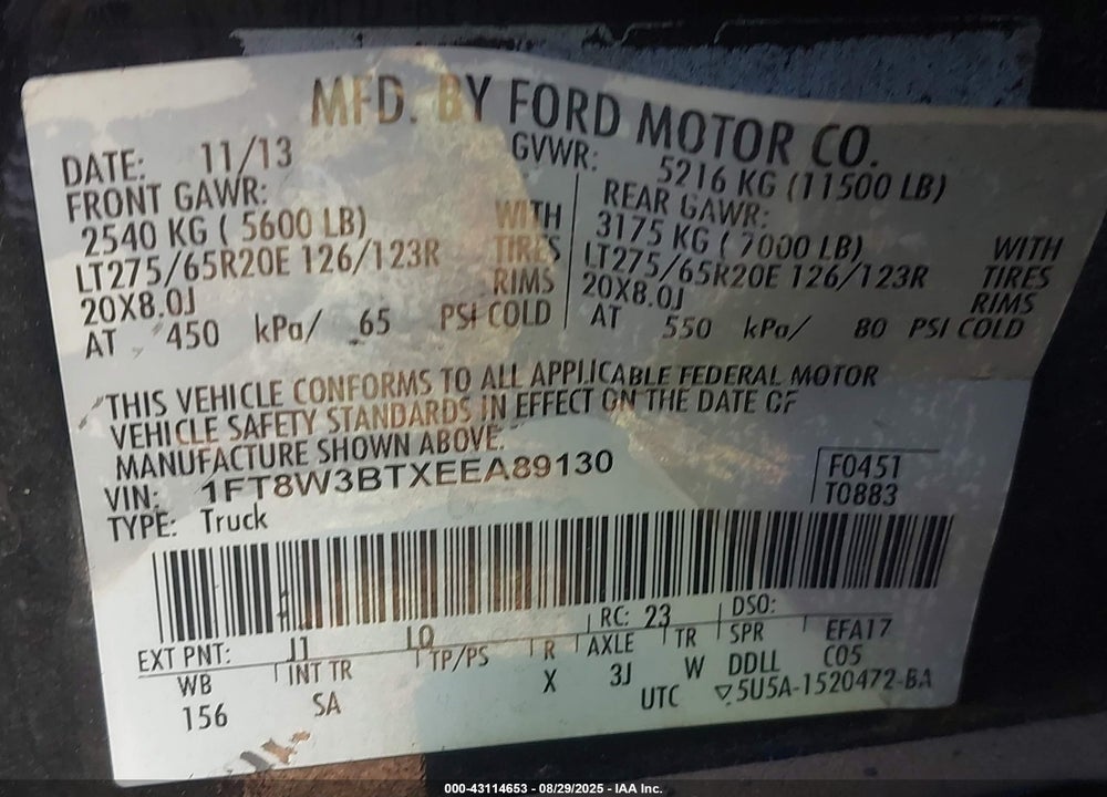 2014 FORD F-350 LARIAT VIN: 1FT8W3BTXEEA89130