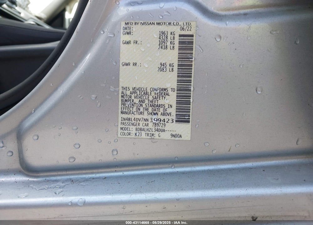 2022 NISSAN ALTIMA VIN: 1N4BL4DV7NN399423