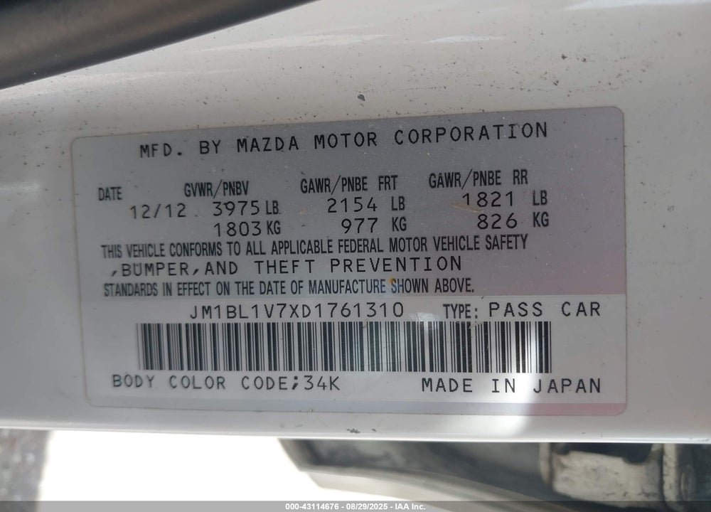 2013 MAZDA 3 I TOURING VIN: JM1BL1V7XD1761310