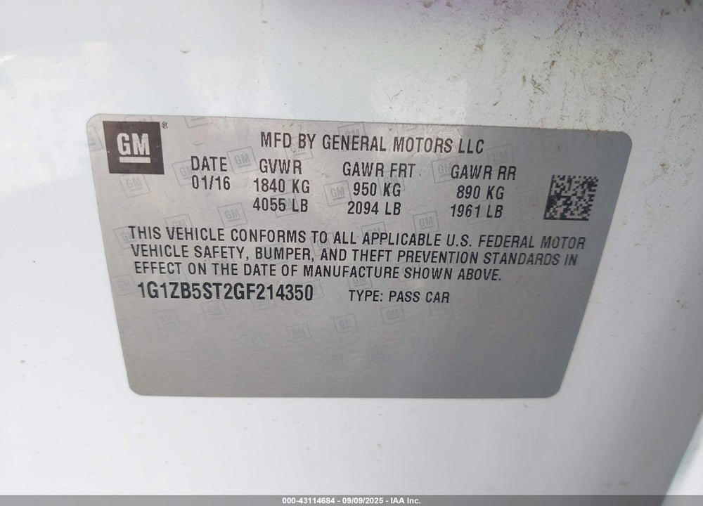 2016 CHEVROLET MALIBU VIN: 1G1ZB5ST2GF214350