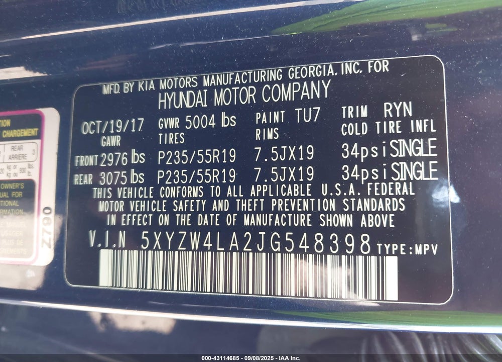 2018 HYUNDAI SANTA FE VIN: 5XYZW4LA2JG548398