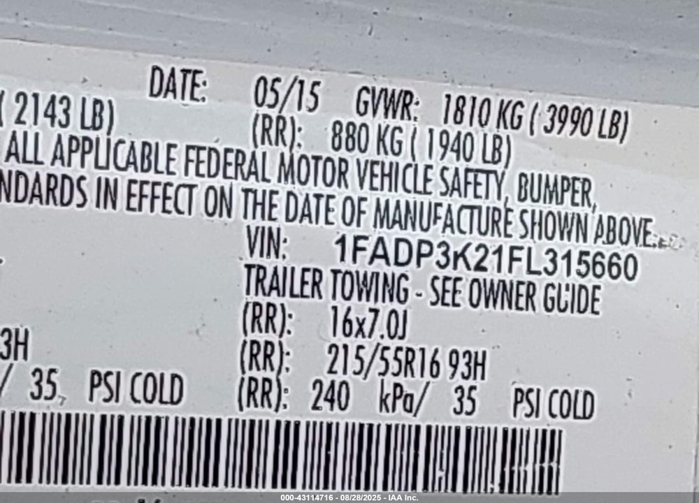 2015 FORD FOCUS VIN: 1FADP3K21FL315660