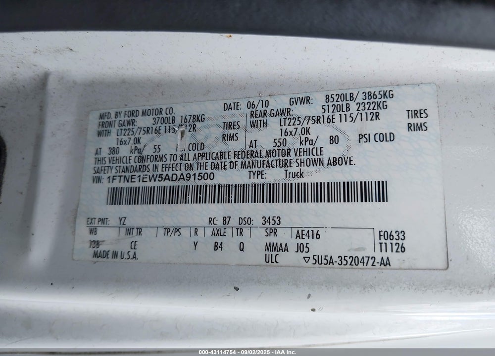 2010 FORD E-150 COMMERCIAL/RECREATIONAL VIN: 1FTNE1EW5ADA91500