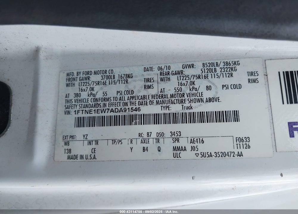 2010 FORD E 150 VIN: 1FTNE1EW7ADA91546
