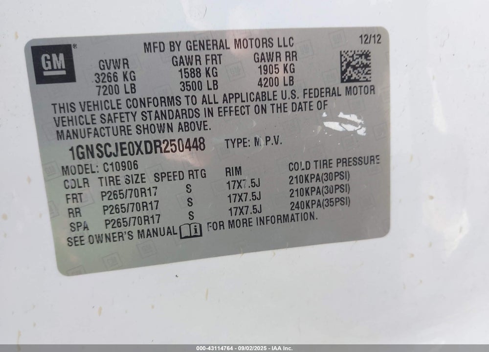 2013 CHEVROLET SUBURBAN 1500 VIN: 1GNSCJE0XDR250448