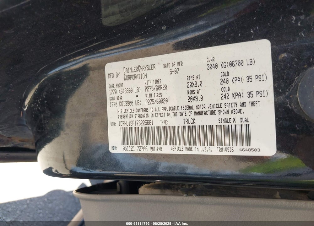 2007 DODGE RAM 1500 VIN: 1D7HU18P17S225661