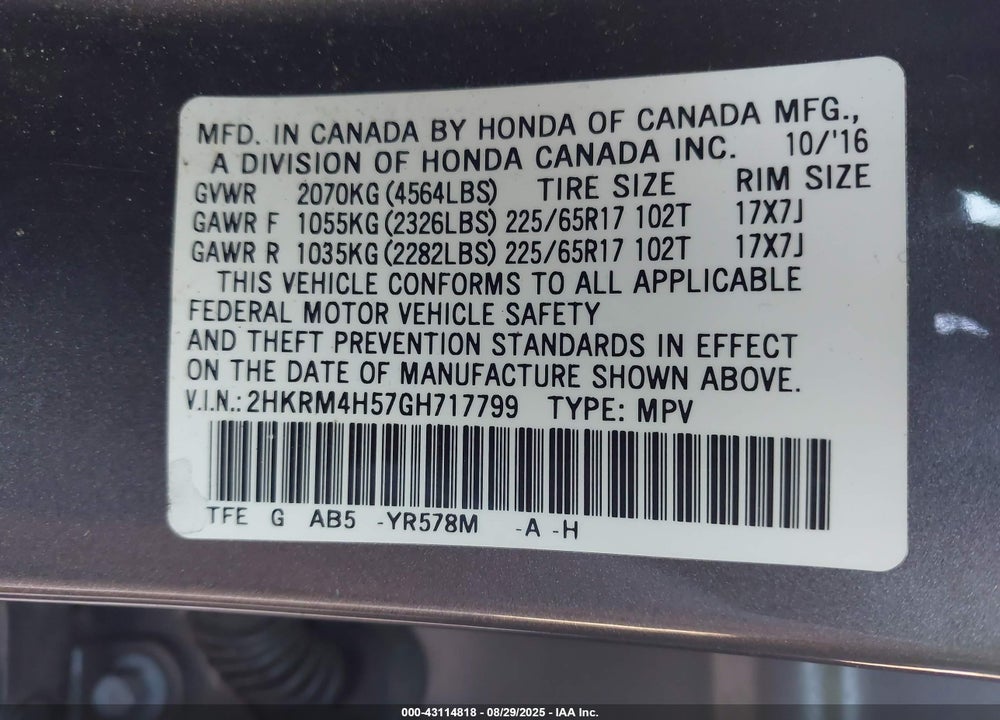 2016 HONDA CR-V EX VIN: 2HKRM4H57GH717799