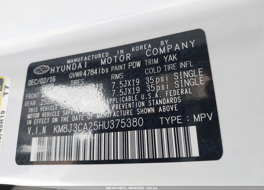 2017 HYUNDAI TUCSON VIN: KM8J3CA25HU375380
