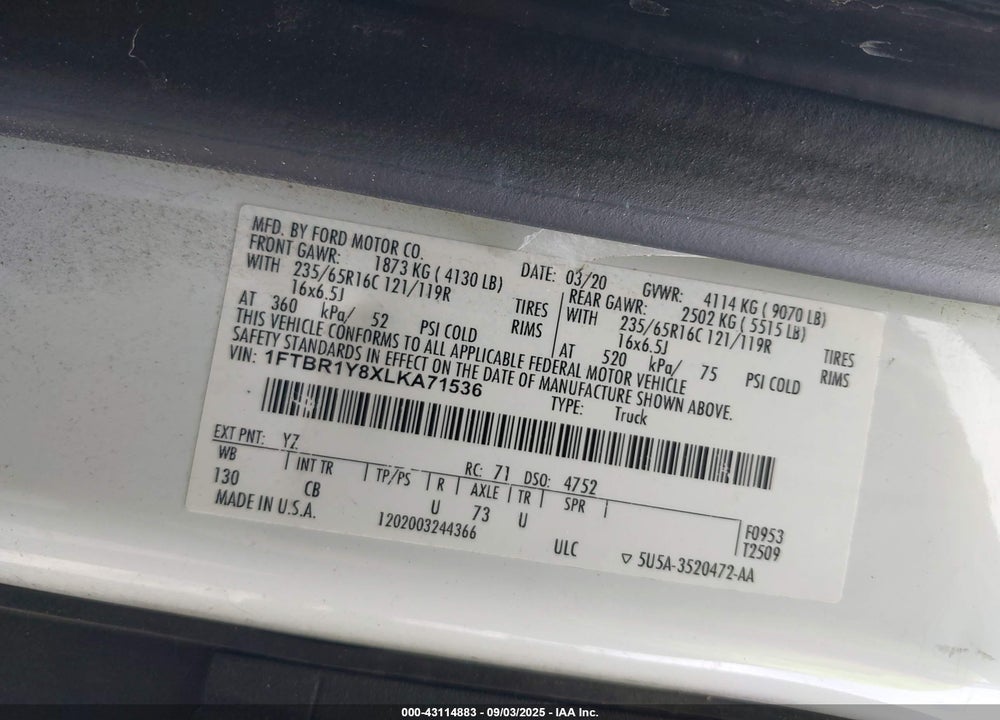 2020 FORD TRANSIT-250 VIN: 1FTBR1Y8XLKA71536