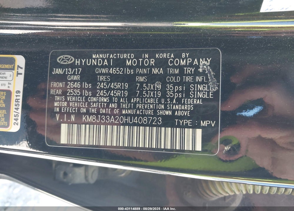 2017 HYUNDAI TUCSON VIN: KM8J33A20HU408723
