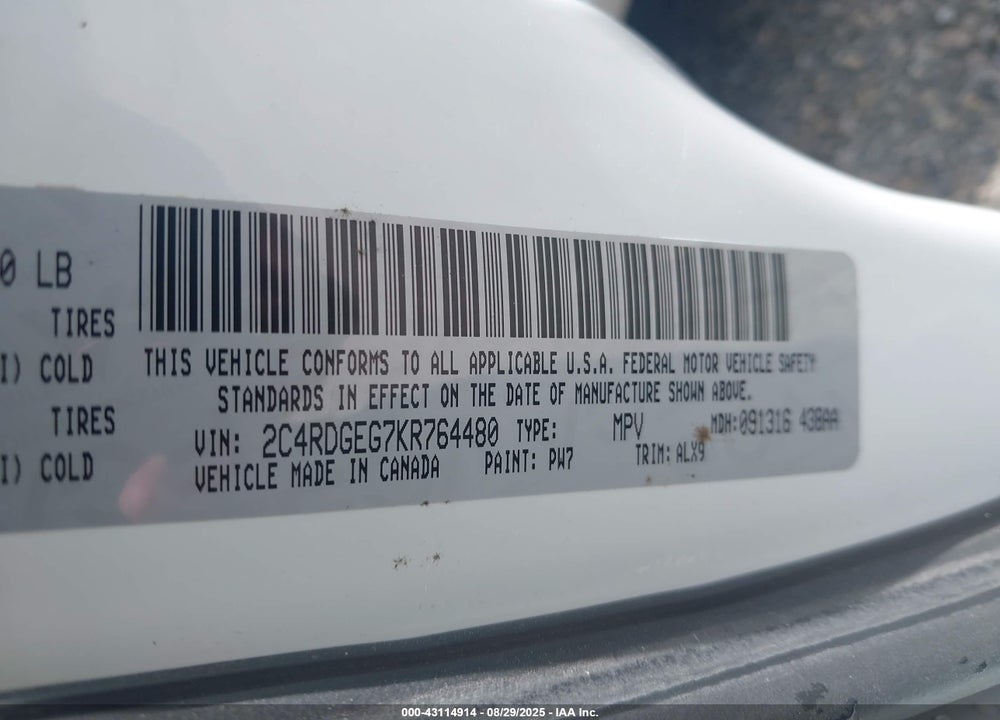 2019 DODGE GRAND CARAVAN GT VIN: 2C4RDGEG7KR764480