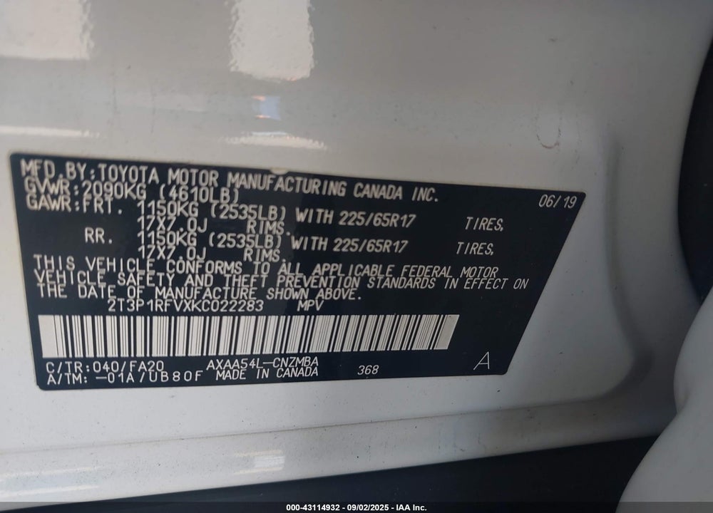 2019 TOYOTA RAV4 VIN: 2T3P1RFVXKC022283