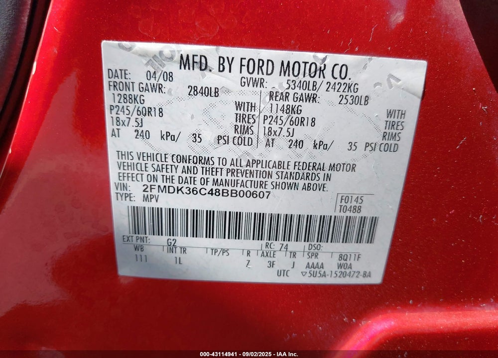 2008 FORD EDGE SE VIN: 2FMDK36C48BB00607