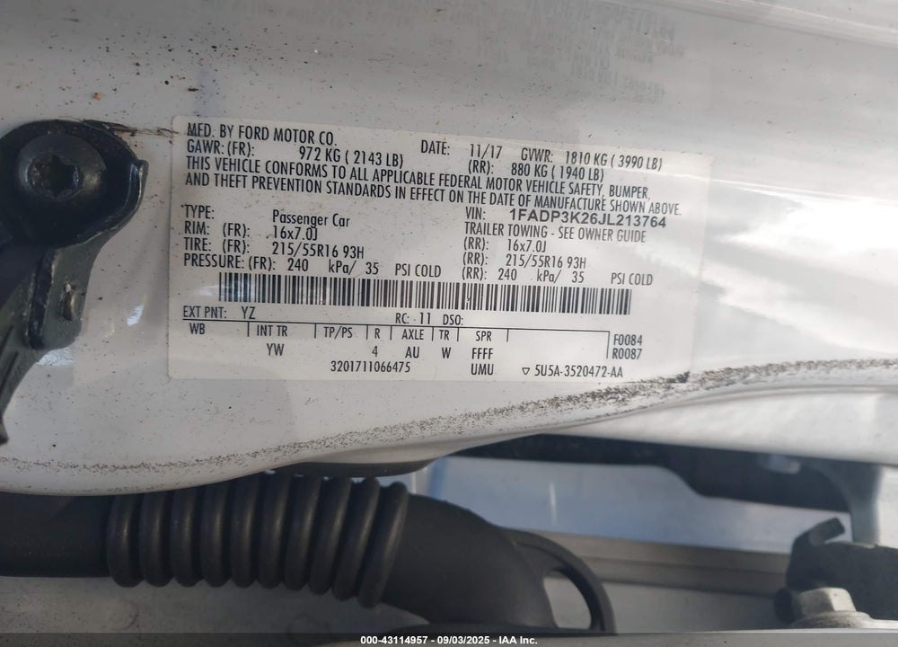 2018 FORD FOCUS VIN: 1FADP3K26JL213764