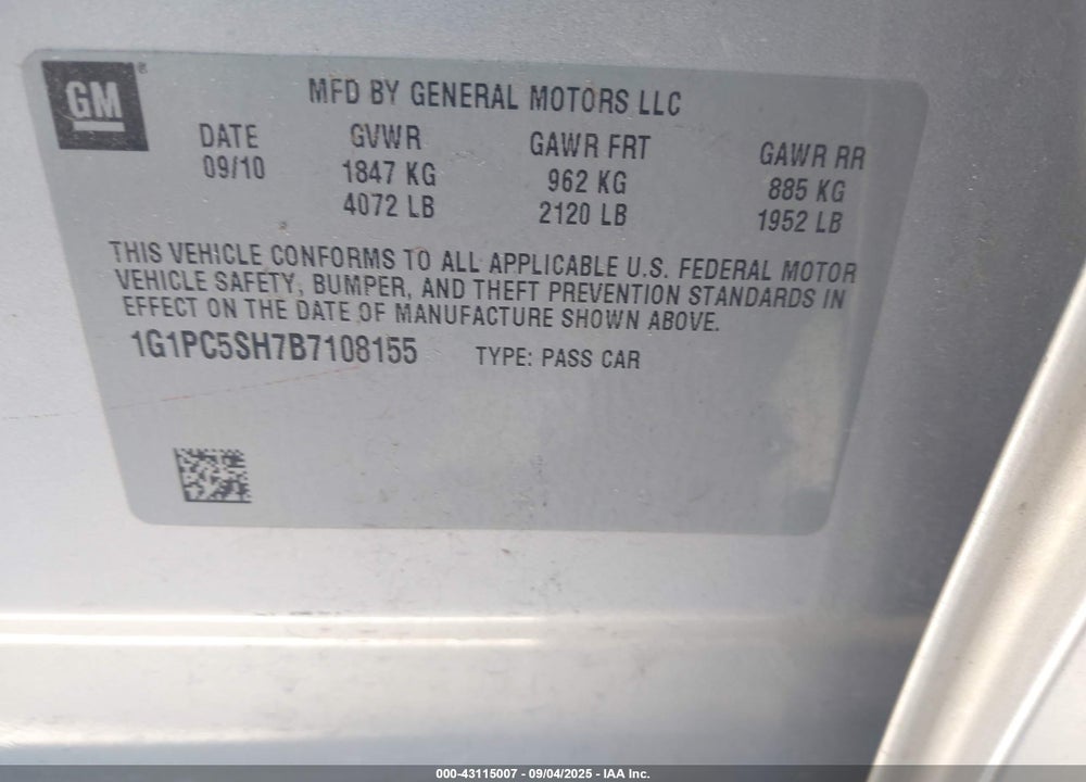 2011 CHEVROLET CRUZE VIN: 1G1PC5SH7B7108155