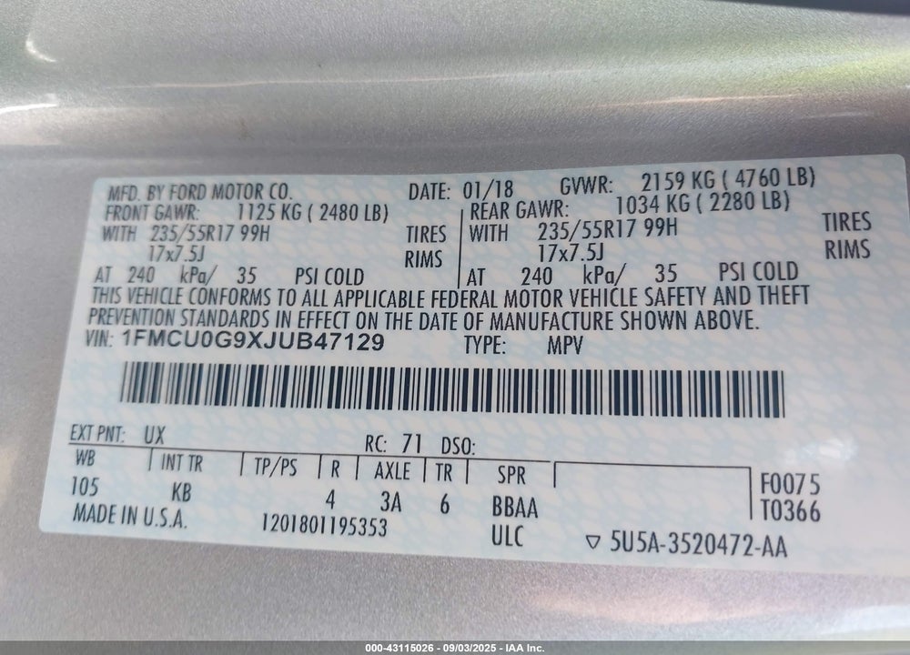 2018 FORD ESCAPE VIN: 1FMCU0G9XJUB47129
