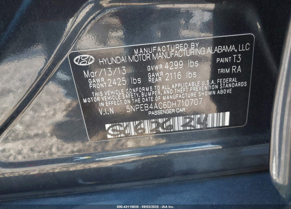 2013 HYUNDAI SONATA VIN: 5NPEB4AC6DH710707