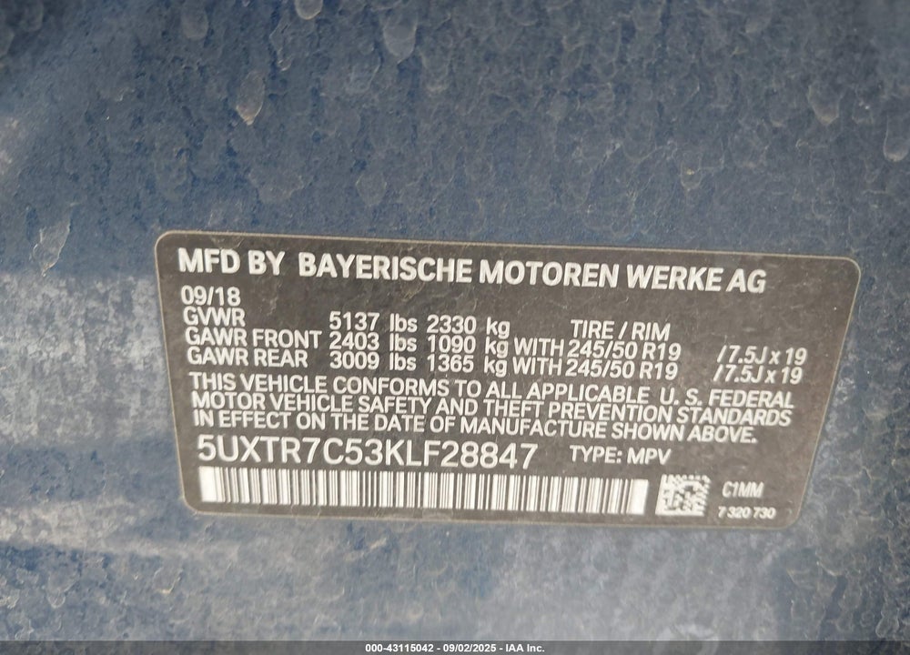 2019 BMW X3 VIN: 5UXTR7C53KLF28847