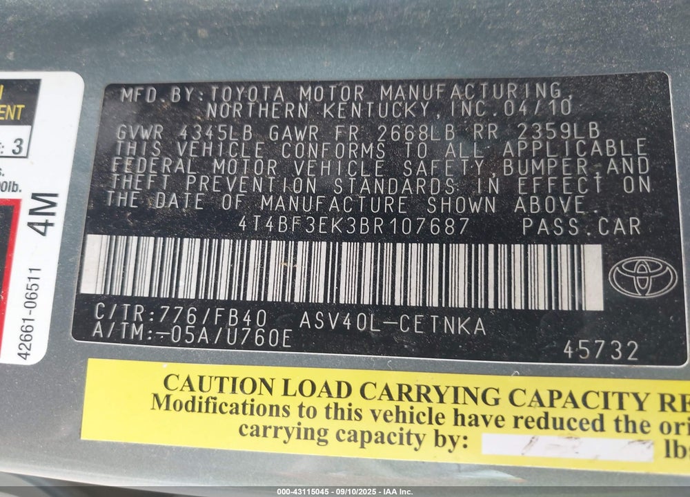2011 TOYOTA CAMRY LE VIN: 4T4BF3EK3BR107687