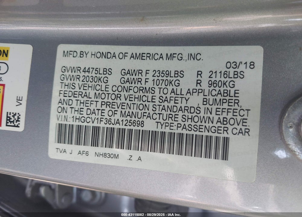 2018 HONDA ACCORD VIN: 1HGCV1F36JA125698