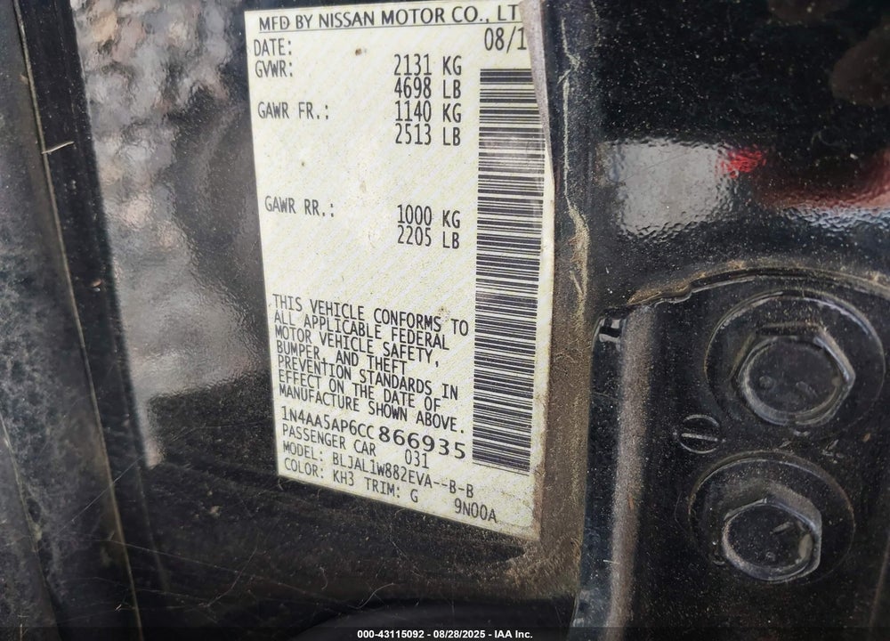 2012 NISSAN MAXIMA 3.5 SV VIN: 1N4AA5AP6CC866935