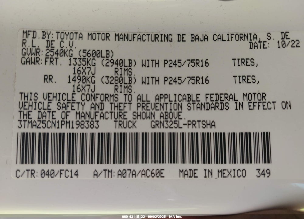 2023 TOYOTA TACOMA VIN: 3TMAZ5CN1PM198383