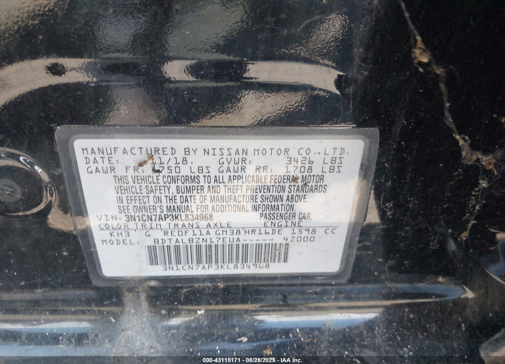 2019 NISSAN VERSA VIN: 3N1CN7AP3KL834968