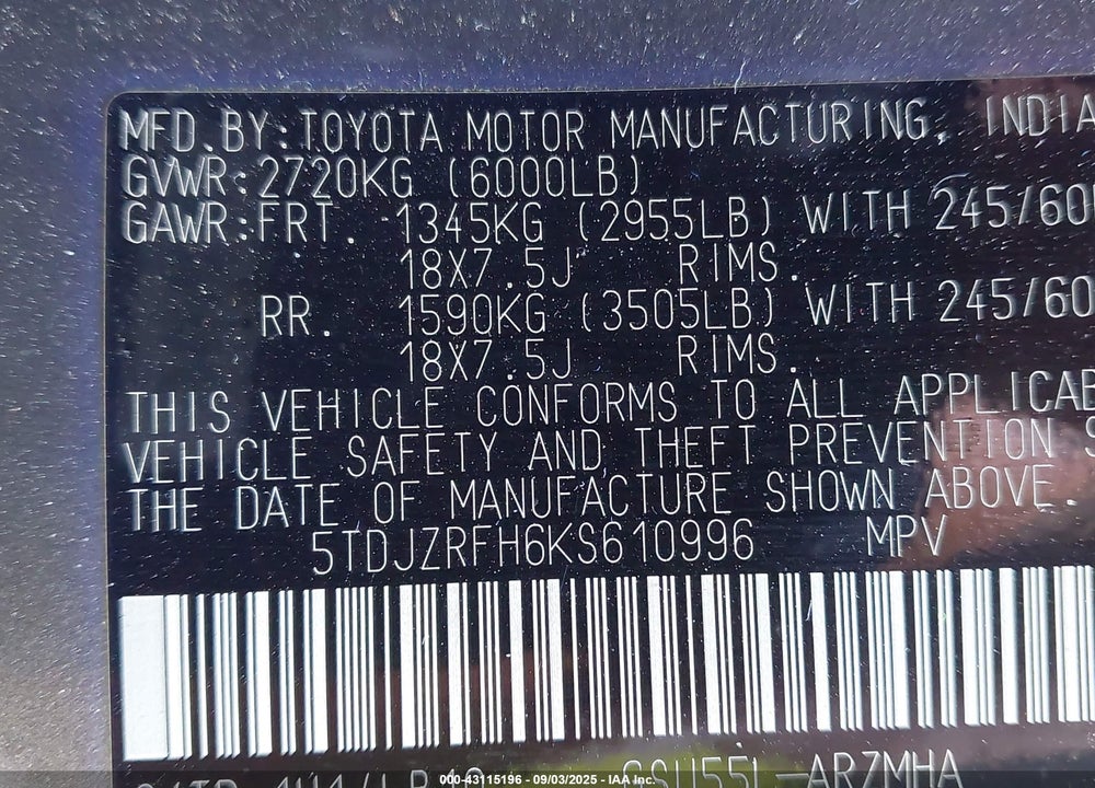 2019 TOYOTA HIGHLANDER VIN: 5TDJZRFH6KS610996