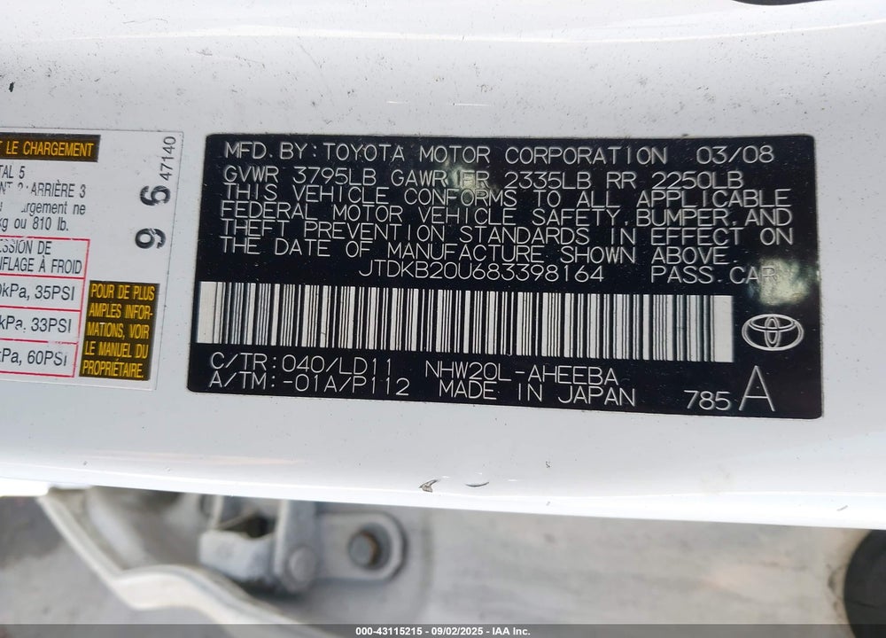 2008 TOYOTA PRIUS TOURING VIN: JTDKB20U683398164