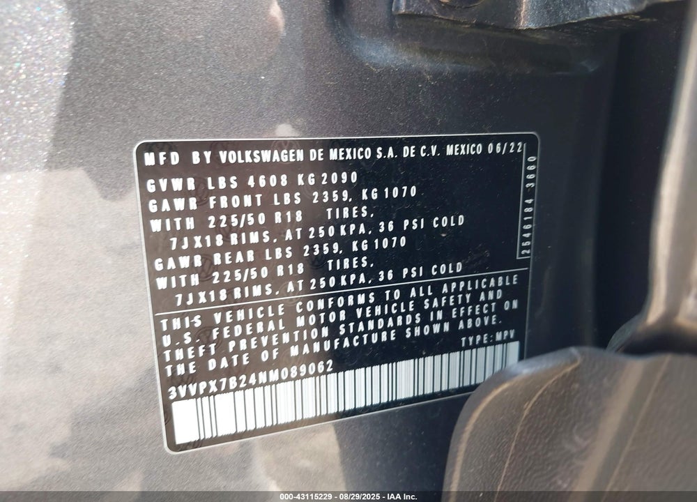 2022 VOLKSWAGEN TAOS VIN: 3VVPX7B24NM089062
