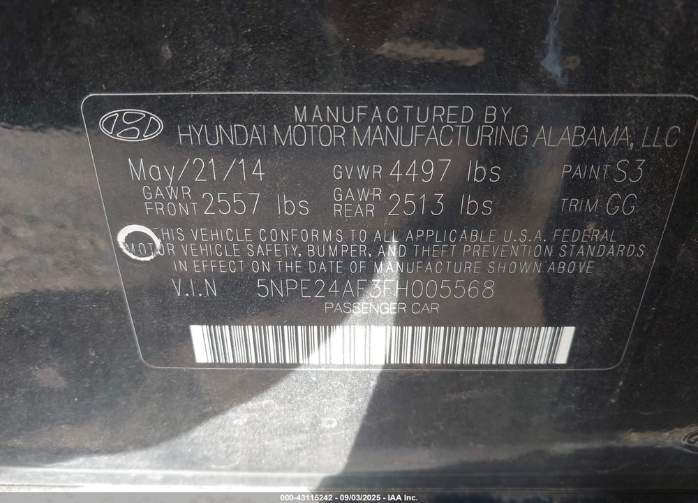 2015 HYUNDAI SONATA SE VIN: 5NPE24AF3FH005568