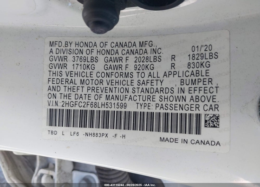 2020 HONDA CIVIC VIN: 2HGFC2F68LH531599