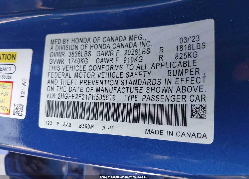 2023 HONDA CIVIC VIN: 2HGFE2F21PH535619