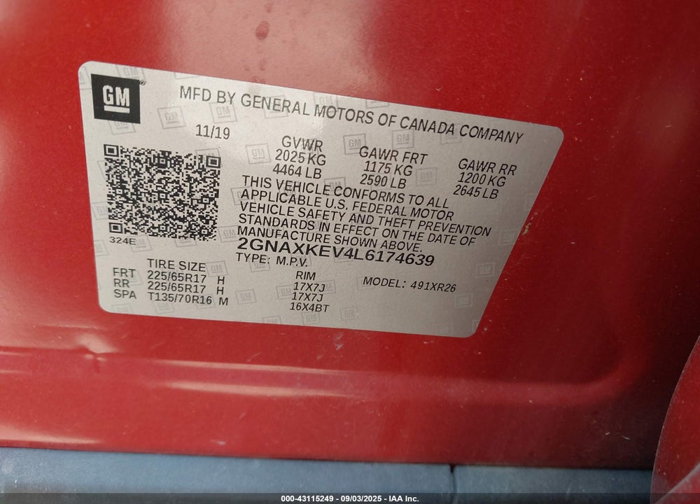 2020 CHEVROLET EQUINOX VIN: 2GNAXKEV4L6174639